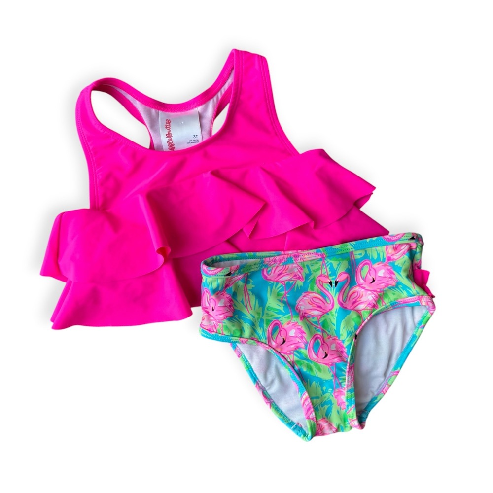 RuffleButts Toddler Girls Pink Flamingo Ruffle Bikini Swimsuit Set 3T